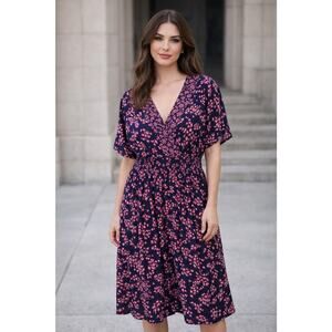 Draper James Martina Popover Midi Dress Navy Cherry Blossom Floral Sz XXL Garden
